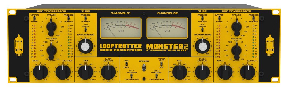 Front panel of a Looptrotter Monster 2 audio compressor with knobs, VU meters, and toggle switches.