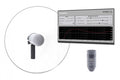 Parabolic dish microphone setup with microphone capsule and software interface screenshot.