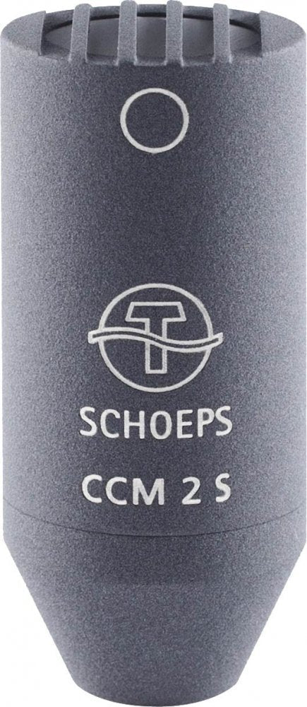 Close-up view of a gray Schoeps CCM 2 S studio microphone.