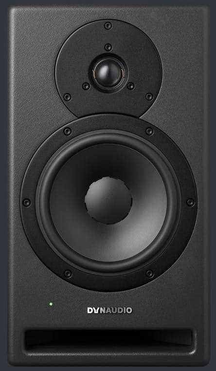 Front view of a black studio monitor speaker with two drivers and a Dynaudio logo.