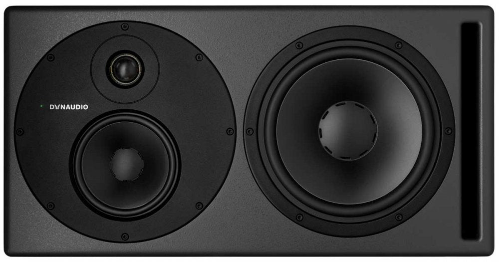 Black rectangular studio monitor speaker with two round drivers and a brand logo on the front panel.