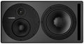 Black rectangular studio monitor speaker with two round drivers and a brand logo on the front panel.