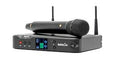Wireless handheld microphone and receiver unit with digital display and antennae on a white background.