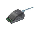 Black tabletop microphone with metal mesh grille, push button, and attached blue cable.