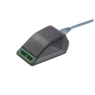 Black tabletop microphone with metal mesh grille, push button, and attached blue cable.