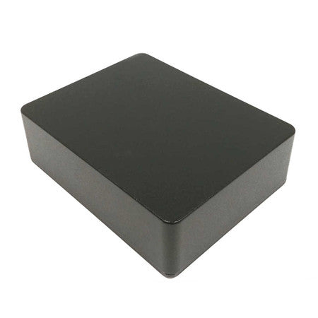 Rectangular black metal enclosure with a smooth finish and rounded edges shown on a white background.