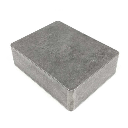 Rectangular gray metal enclosure box with a removable lid viewed at an angle.