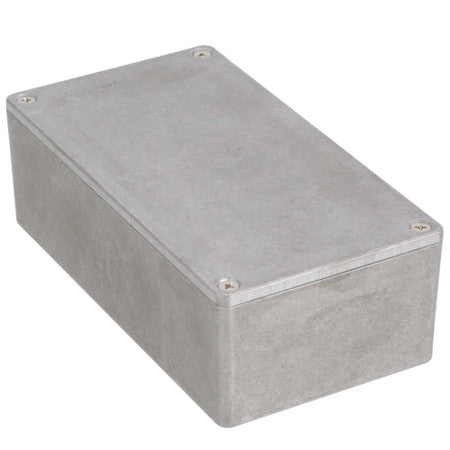 Rectangular gray metal enclosure box with screws in each corner of the top panel.