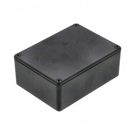 Black rectangular metal box with a removable lid secured by four screws at each corner.