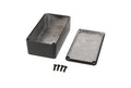 Black rectangular metal enclosure with matching cover and four screws on a white background.