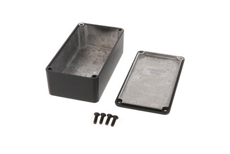 Black rectangular metal enclosure with matching cover and four screws on a white background.