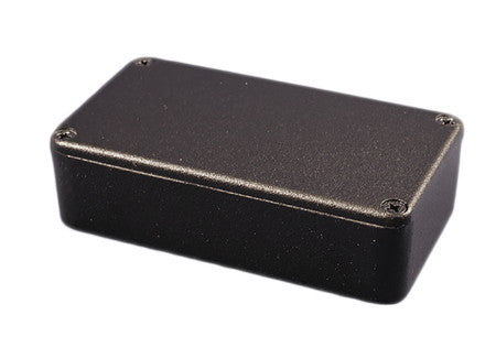 Rectangular black metal enclosure box with four screws on top cover.