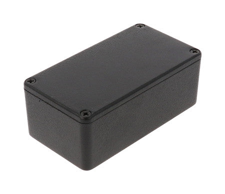 Black rectangular metal enclosure with a textured finish and four screws on the top cover.