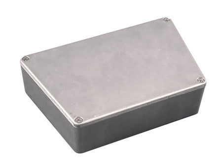 Rectangular metal enclosure box with screws on the corners of the top surface.