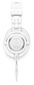 White over-ear headphones with a 3.5mm audio plug and visible Audio-Technica logo on ear cup.