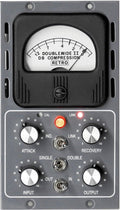 Front panel of a Doublewide II DB compression audio processor with meter, knobs, toggle switches, and indicator lights.