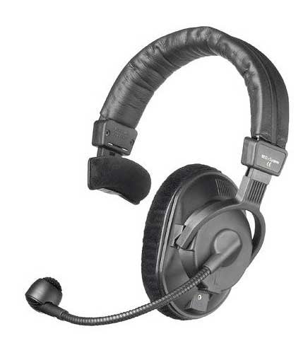 Black single-ear headphone with an attached microphone boom arm and padded headband.