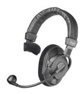 Black single-ear headphone with an attached microphone boom arm and padded headband.