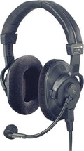 Black over-ear headphones with a padded headband, attached wired cable, and flexible boom microphone.