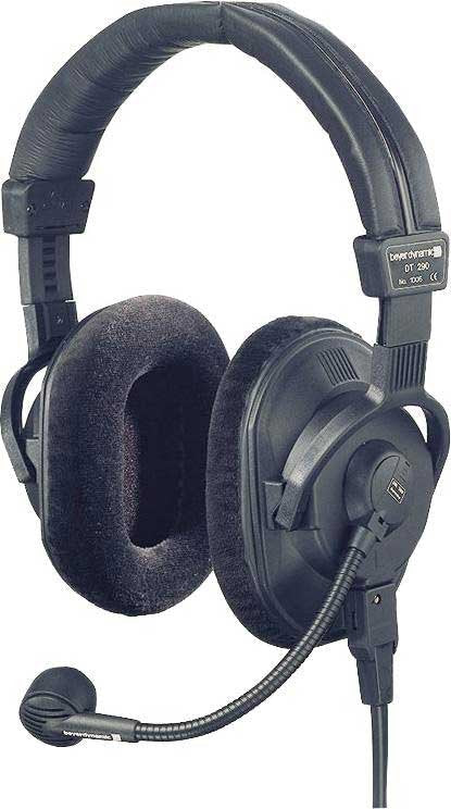 Black over-ear headphones with a padded headband, attached wired cable, and flexible boom microphone.