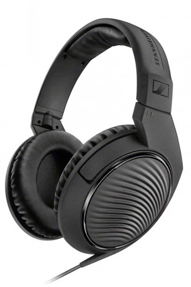 Black over-ear wired headphones with cushioned ear pads and a textured outer ear cup design.