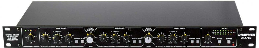 Front panel of a Drawmer 1976 stereo 3-band saturation and width audio processor with knobs, buttons, and LED level meters.