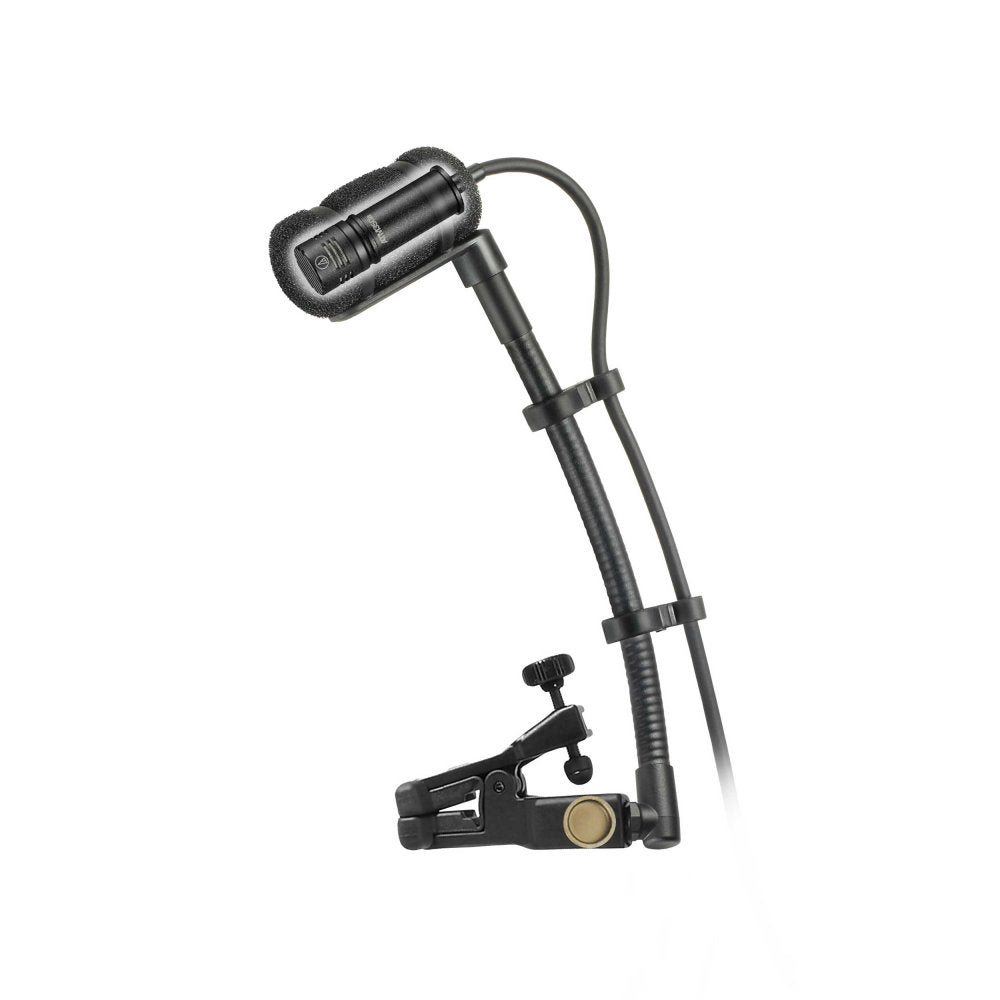 Black microphone with flexible gooseneck and clamp mount, featuring a foam windscreen and attached cable.