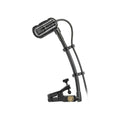 Black microphone with flexible gooseneck and clamp mount, featuring a foam windscreen and attached cable.