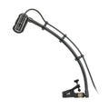 Black microphone with foam windscreen mounted on a flexible gooseneck stand with clamp and cable.