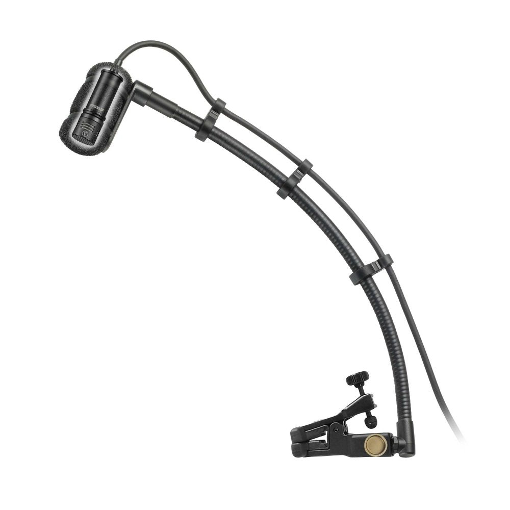 Black microphone with foam windscreen mounted on a flexible gooseneck stand with clamp and cable.
