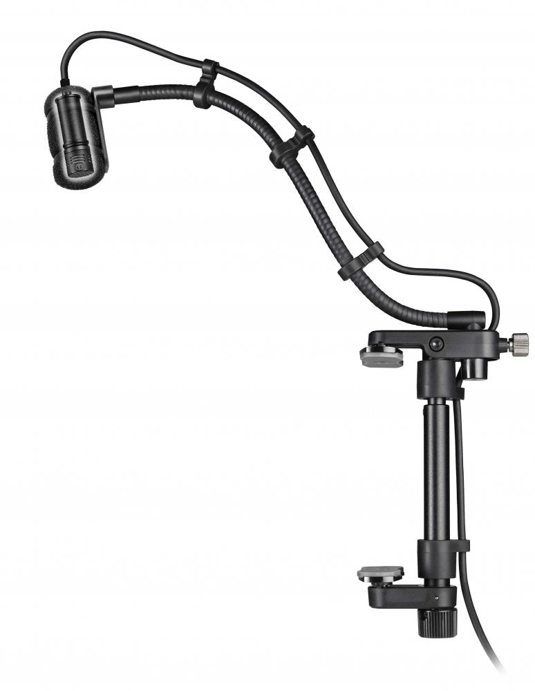 Black microphone with flexible mounting arm and clamp attached to a surface, featuring a foam windscreen and cable.