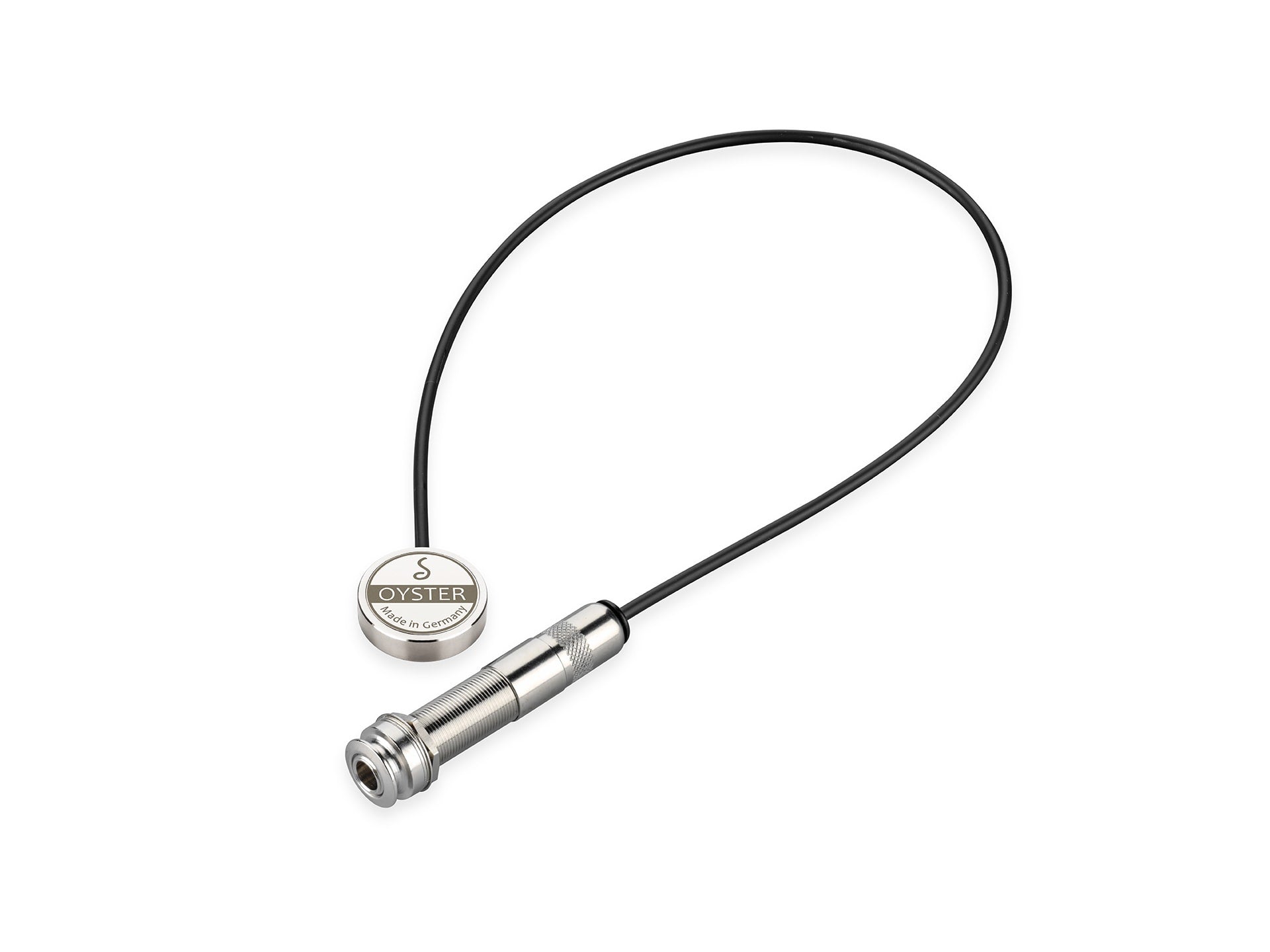 Silver circular piezo pickup with attached black cable ending in a silver female 1/4 inch jack socket.