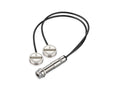 Two round piezo pickups labeled Oyster with a metal 1/4 inch jack socket and cable attached.