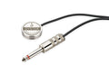 Round silver piezo pickup with logo and a black cable ending in a silver 1/4 inch jack plug.