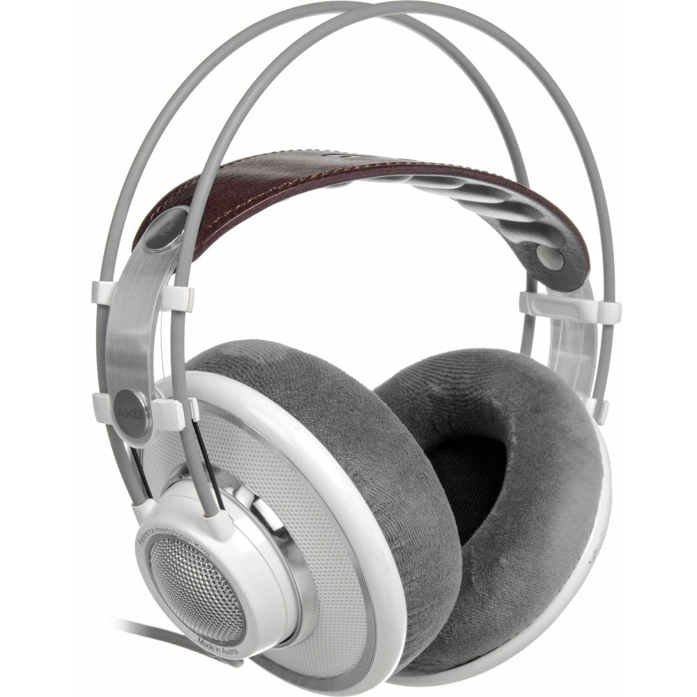 Gray and white over-ear headphones with padded ear cups and a brown headband suspension shown from angled side view.
