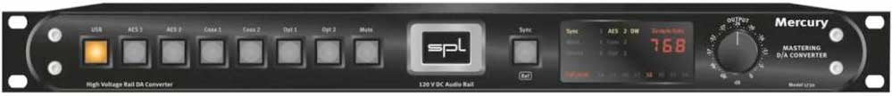 Black audio mastering D/A converter with buttons, large rotary knob, small screen, and 1/4 inch output jack.