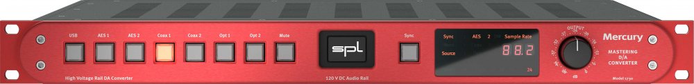 Front panel of a red audio device with multiple buttons, a display screen, and a large rotary output knob.