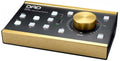 Black and gold monitor operation module with push buttons and a large gold rotary knob.
