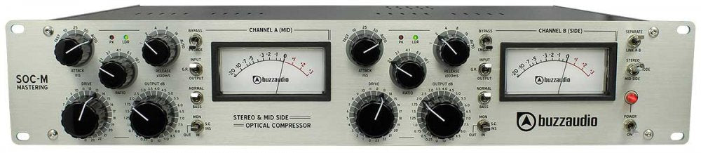 Front view of a silver Buzz Audio SOC-M stereo and mid side optical compressor with knobs, meters, and buttons.
