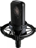 Black condenser microphone mounted in a circular shock mount with elastic cords.