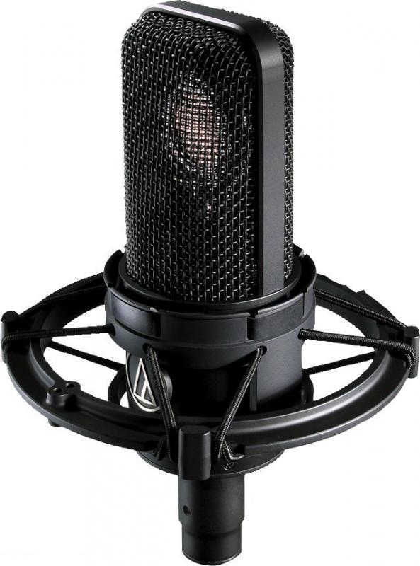 Black condenser microphone mounted in a circular shock mount with elastic cords.