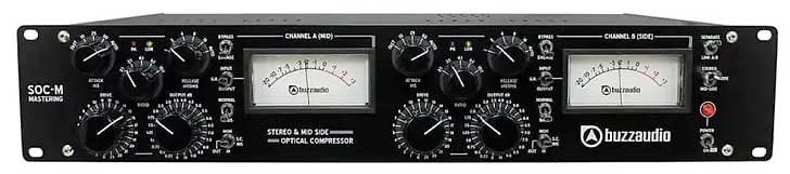 Front view of a black stereo and mid-side optical compressor with two analog meters and multiple control knobs.