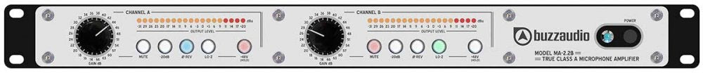 Front panel of a Buzz Audio MA-2.2B microphone amplifier with gain knobs, buttons, and output level meters.