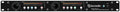 Front view of a black two-channel microphone amplifier with knobs, buttons, and level meters.