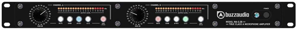 Front view of a black two-channel microphone amplifier with knobs, buttons, and level meters.