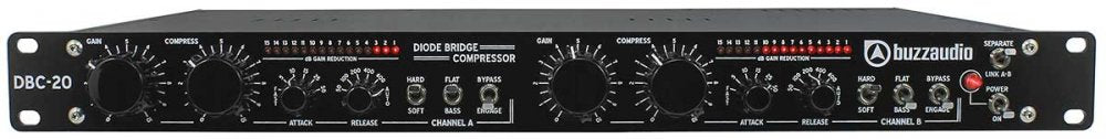 Front panel of a black audio diode bridge compressor with controls and indicators for two channels.