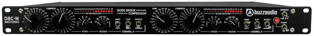 Black rackmount audio mastering compressor with knobs, switches, and LED indicators on front panel.
