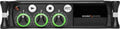 Front panel of a black audio mixer with three green-ringed rotary knobs and three white control buttons including REC.
