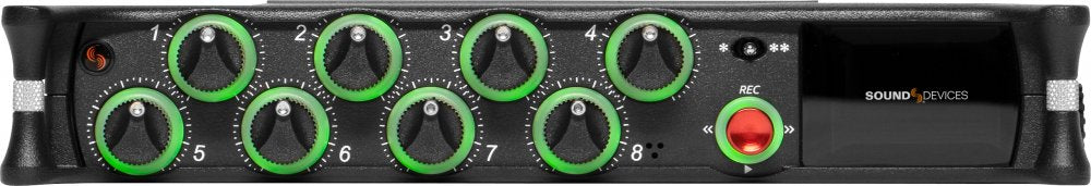 Black audio mixer front panel with eight green-ringed knobs, a red button, and a small display labeled SOUND DEVICES.