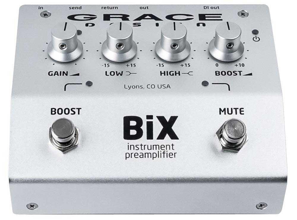 Silver instrument preamplifier pedal with four knobs and two footswitches, labeled BiX instrument preamplifier.